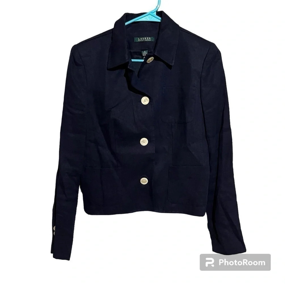 Lauren Ralph Lauren Women's Navy Blue 100% Linen Lined Blazer Size 8 Nautical - Picture 1 of 9
